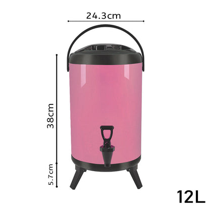 SOGA 8X 12L Stainless Steel Insulated Milk Tea Barrel Hot and Cold Beverage Dispenser Container with Faucet Pink