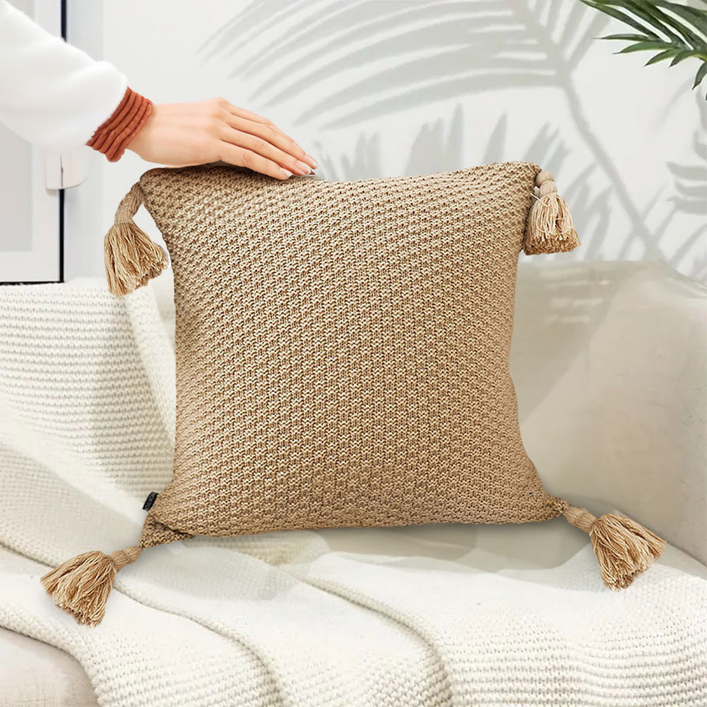 SOGA 2x 50CM Light Brown Pillow with Tassel Accents, Rizzy Transitional Cover Throw Pillow