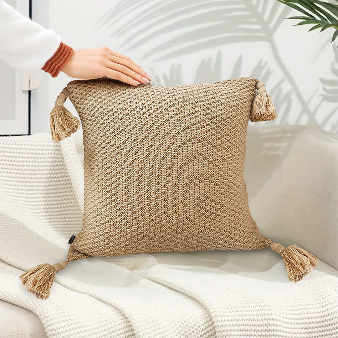 SOGA 2x 50CM Light Brown Pillow with Tassel Accents, Rizzy Transitional Cover Throw Pillow