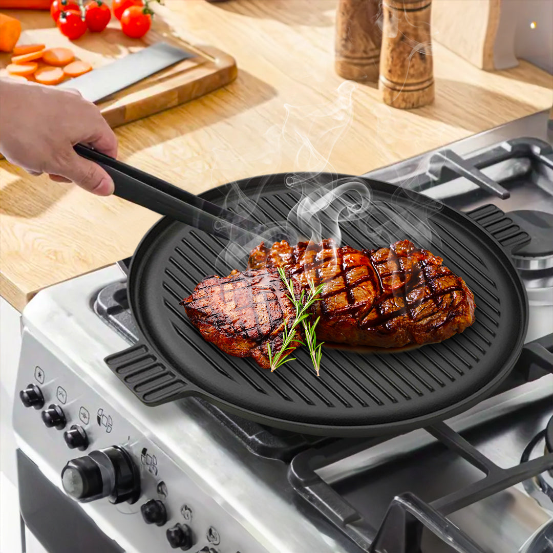 SOGA 2X 43cm Round Ribbed Cast Iron Frying Pan Skillet Steak Sizzle Platter with Handle