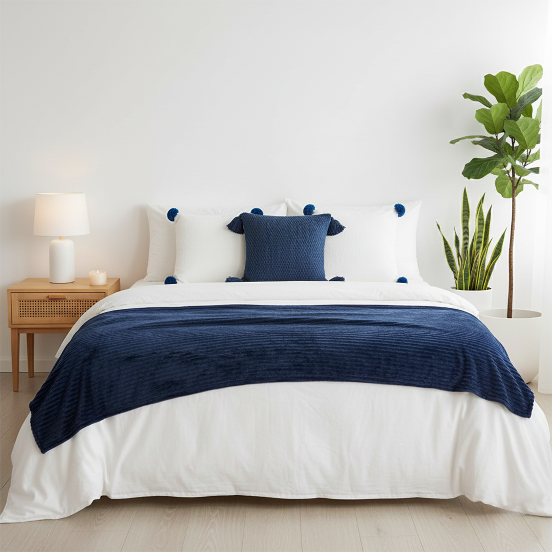 SOGA 4PC Set – Blue Striped Throw Blanket + Cream Pom Pom & Navy Chunky Knit Pillowcases – Cozy Decor