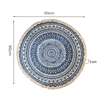 SOGA Dark Blue Carpet Soft Linen Bohemian Non-Slip Floor Retro Minimalist Round Rug Home Decor with Tassels