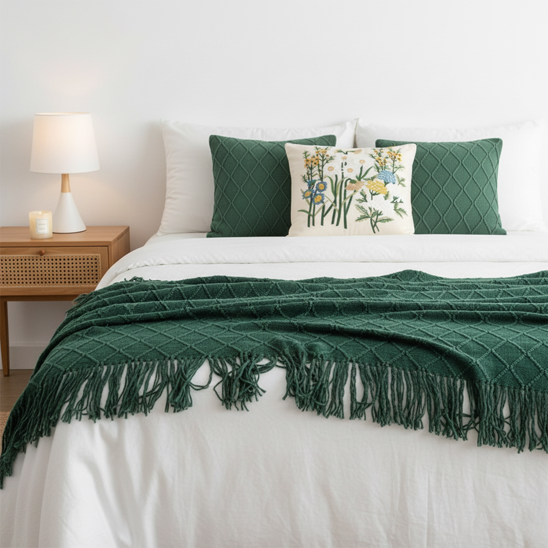 SOGA 4PC Cozy Green Set – Diamond Knit Throw Blanket with Forest Green & Botanical Garden Pillow Covers