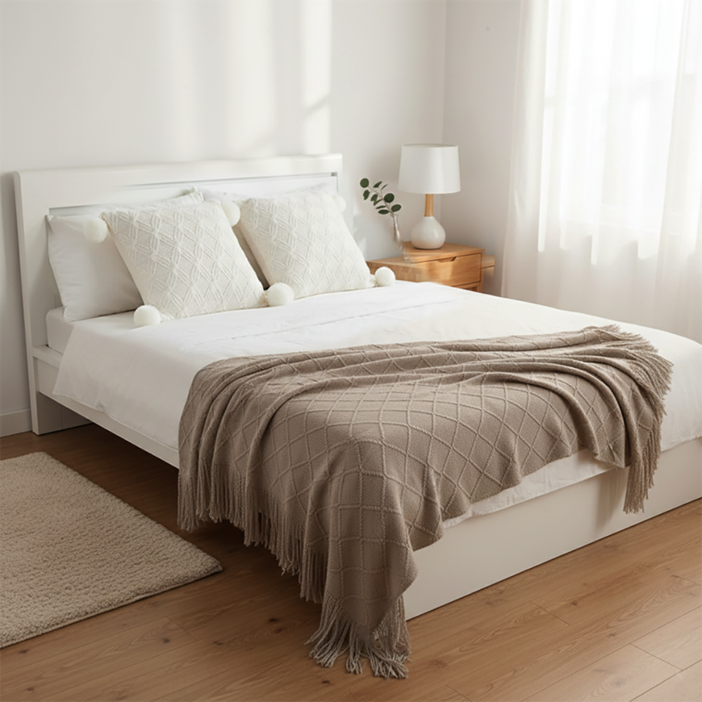 SOGA 3PC Set – Coffee Diamond Knitted Throw with Tassels + Ivory Diamond Knit Pom Pom Pillowcases – Cozy Decor