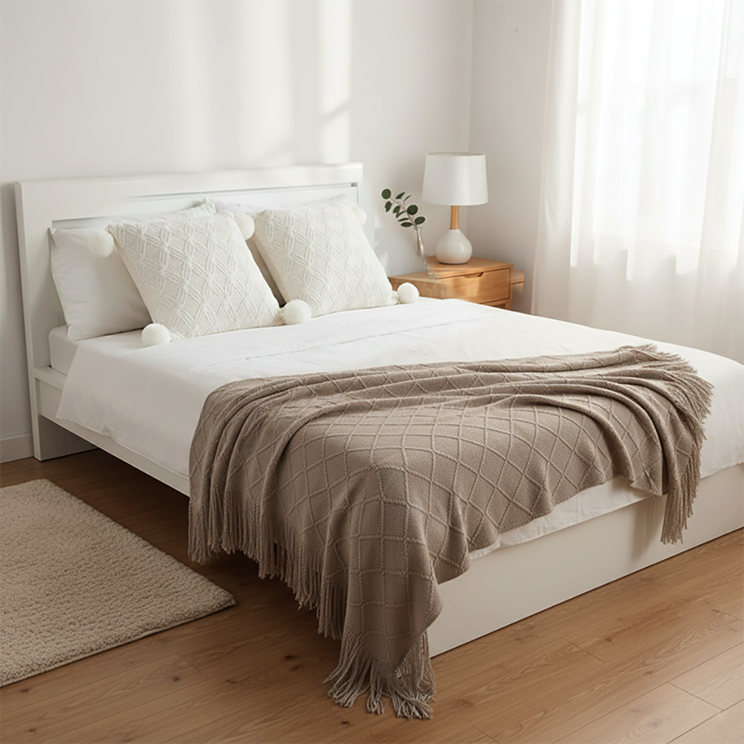 SOGA 3PC Set – Coffee Diamond Knitted Throw with Tassels + Ivory Diamond Knit Pom Pom Pillowcases – Cozy Decor