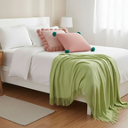 SOGA 3PC Cozy Knit Set – Green Acrylic Throw Blanket with Ribbed Pillow Covers and Pom-Poms (Blush Pink & Dusty Rose Design)