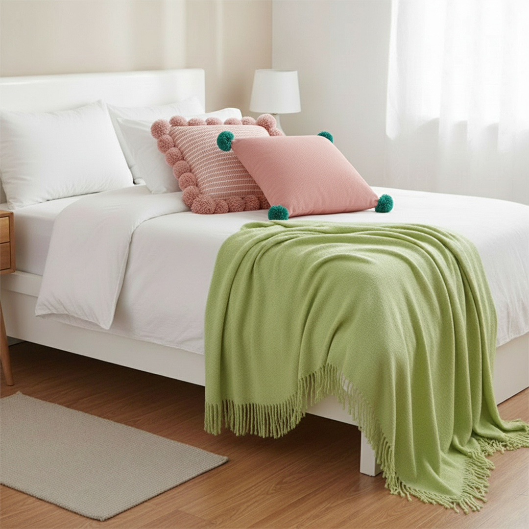 SOGA 3PC Cozy Knit Set – Green Acrylic Throw Blanket with Ribbed Pillow Covers and Pom-Poms (Blush Pink & Dusty Rose Design)