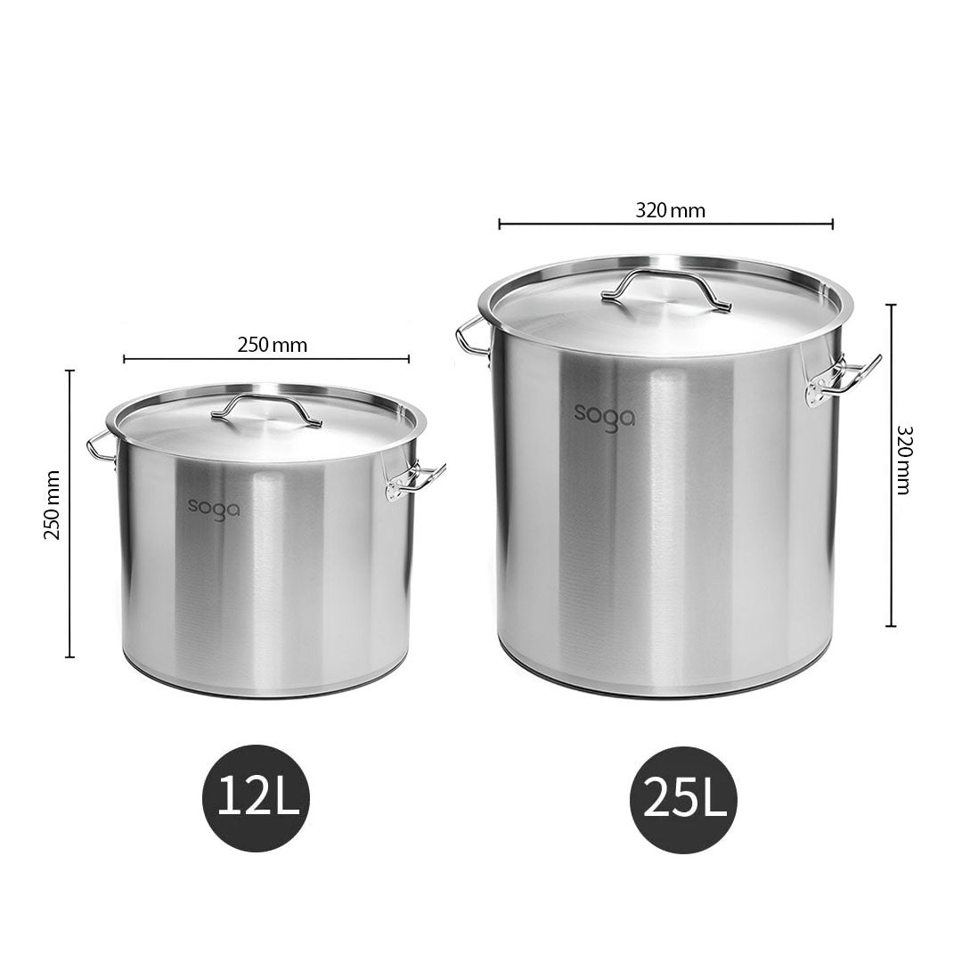 SOGA Stock Pot 12L 25L Top Grade Thick Stainless Steel Stockpot 18/10