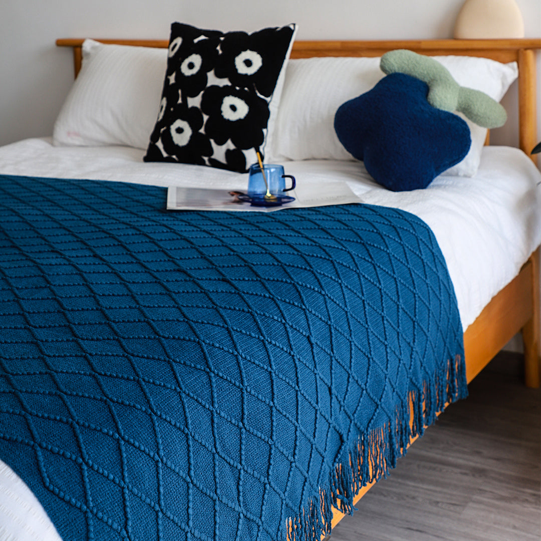 SOGA 2X Diamond Pattern Knitted Throw Blanket – Warm Cozy Woven Cover with Tassels for Couch, Bed, Sofa, Home Decor, Royal Blue