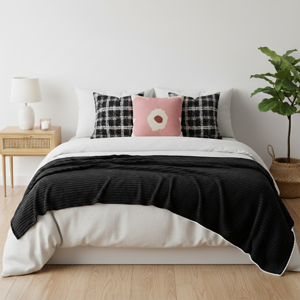 SOGA 4PC Set – Flannel Throw Blanket + Blush Bloom & Plaid Pillowcases – Warm Cozy Decor