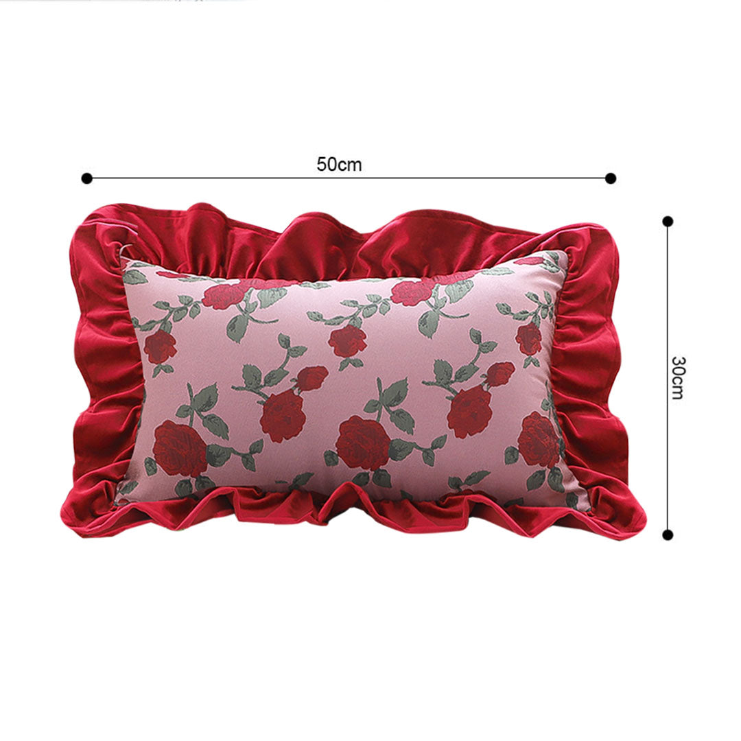SOGA 30x50cm Rose Print Pillow Cover with Red Ruffle Border