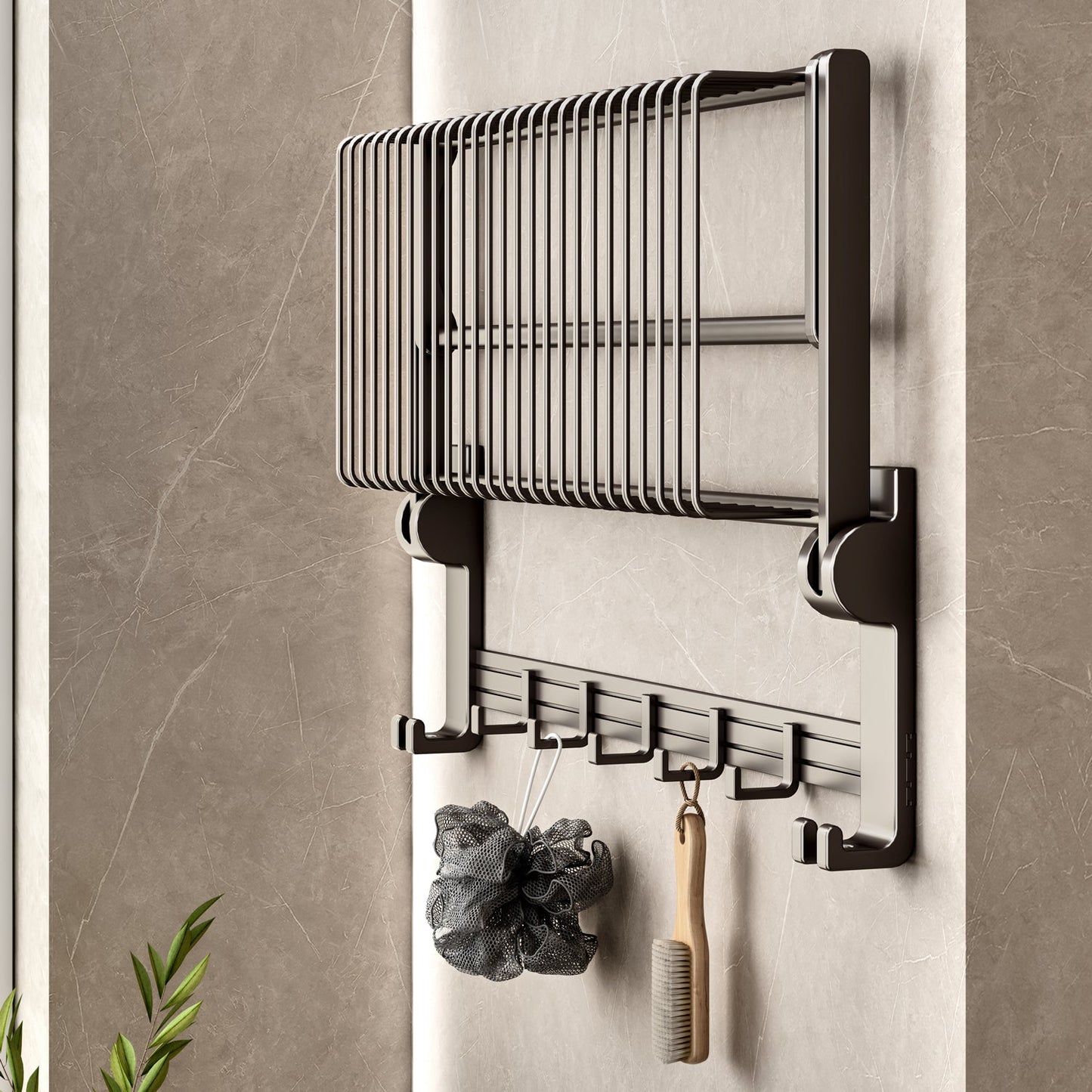 SOGA 2X 51cm Wall-Mounted Double Pole Towel Holder Bathroom Organiser Rail Hanger with Hooks