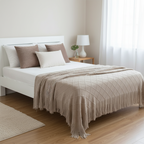 SOGA 4PC Set – Coffee Diamond Knitted Throw with Tassels + Brown Pillowcases & White Lumbar Pillow – Cozy Stylish Decor