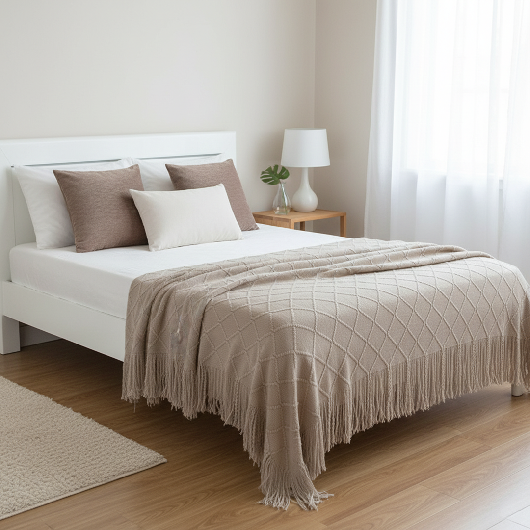 SOGA 4PC Set – Coffee Diamond Knitted Throw with Tassels + Brown Pillowcases & White Lumbar Pillow – Cozy Stylish Decor