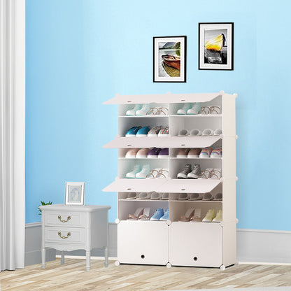 SOGA 7 Tier 2 Column White Shoe Rack Organizer Sneaker Footwear Storage Stackable Stand Cabinet Portable Wardrobe with Cover