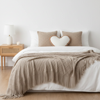 SOGA 4PC Set – Coffee Diamond Knitted Throw with Tassels + Taupe Grid Pillowcases & Heart Plush Pillow – Cozy Neutral Decor