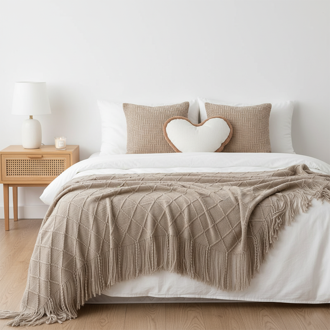 SOGA 4PC Set – Coffee Diamond Knitted Throw with Tassels + Taupe Grid Pillowcases & Heart Plush Pillow – Cozy Neutral Decor