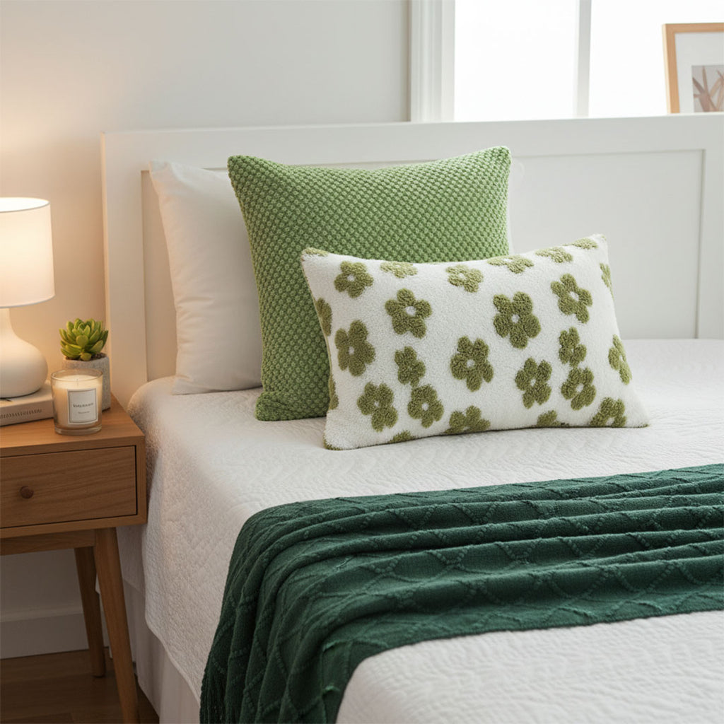 SOGA 3PC Cozy Home Set – Green Diamond Knit Throw Blanket with Decorative Pillow Covers (Weave & Bloom Design)