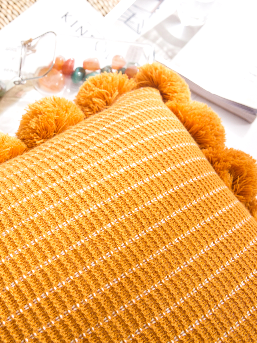SOGA 45cm Mustard Yellow Ribbed Pillow Cover with Pom Poms