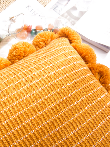 SOGA 45cm Mustard Yellow Ribbed Pillow Cover with Pom Poms