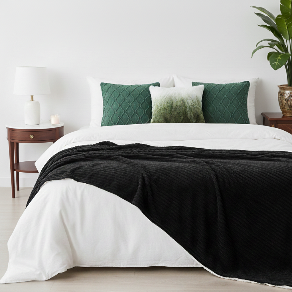 SOGA 4PC Set – Flannel Throw Blanket + Ombre Faux Fur & Forest Green Knit Pillowcases – Cozy Decor