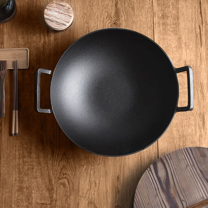 SOGA 2X 36CM Commercial Cast Iron Wok FryPan with Wooden Lid Fry Pan