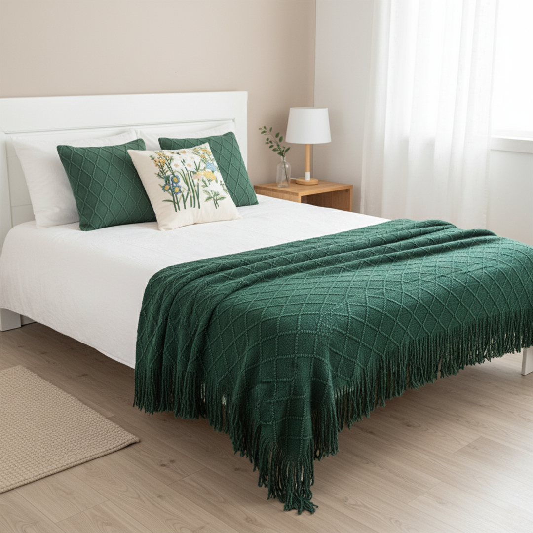 SOGA 4PC Cozy Green Set – Diamond Knit Throw Blanket with Forest Green & Botanical Garden Pillow Covers