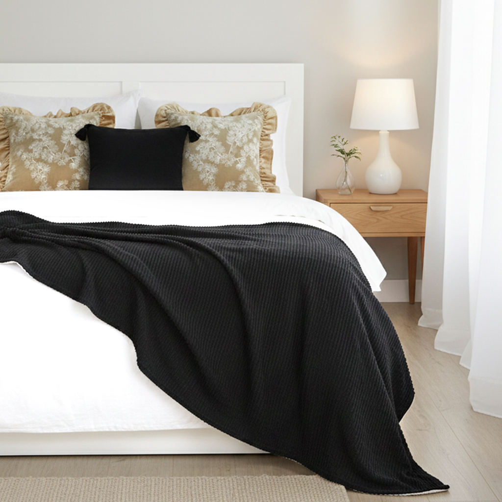 SOGA 5PC Set – Flannel Throw Blanket + Black Art Deco & Champagne Floral Ruffle Pillowcases – Cozy Decor