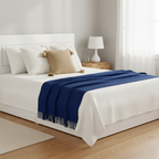 SOGA 5PC Set – Royal Blue Knitted Throw with Fringes + Beige Chunky Knit & White Textured Pillowcases