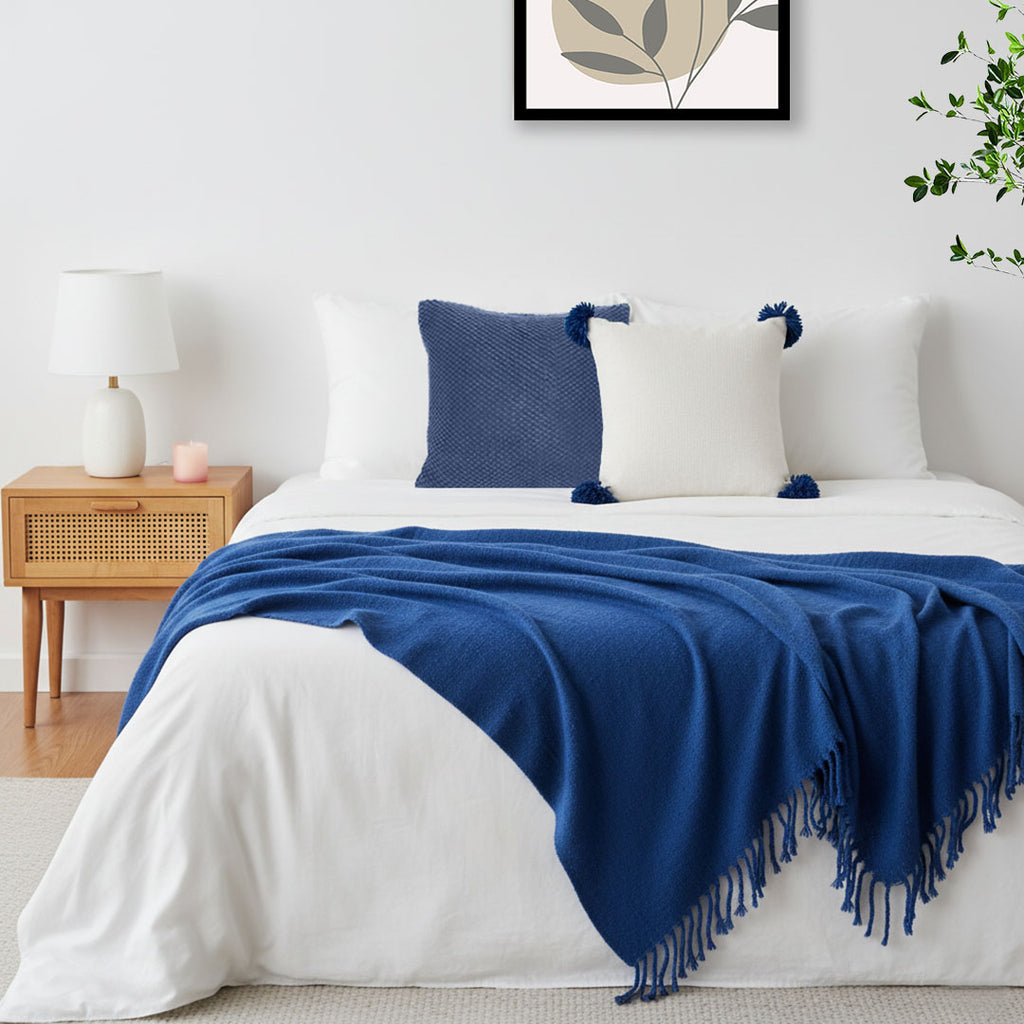 SOGA 3PC Cozy Set – Royal Blue Knit Throw Blanket with Decorative Pillow Covers (Textured Navy & Cream Ribbed Pom-Pom Design)