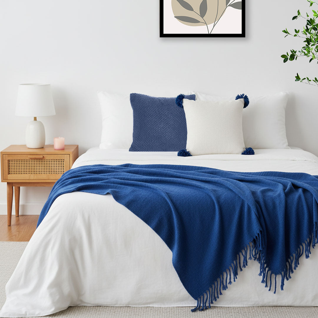 SOGA 3PC Cozy Set – Royal Blue Knit Throw Blanket with Decorative Pillow Covers (Textured Navy & Cream Ribbed Pom-Pom Design)