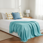 SOGA 4PC Set – Teal Knitted Throw Blanket + Sky Blue & Daisy Pillowcases – Cozy Home Decor