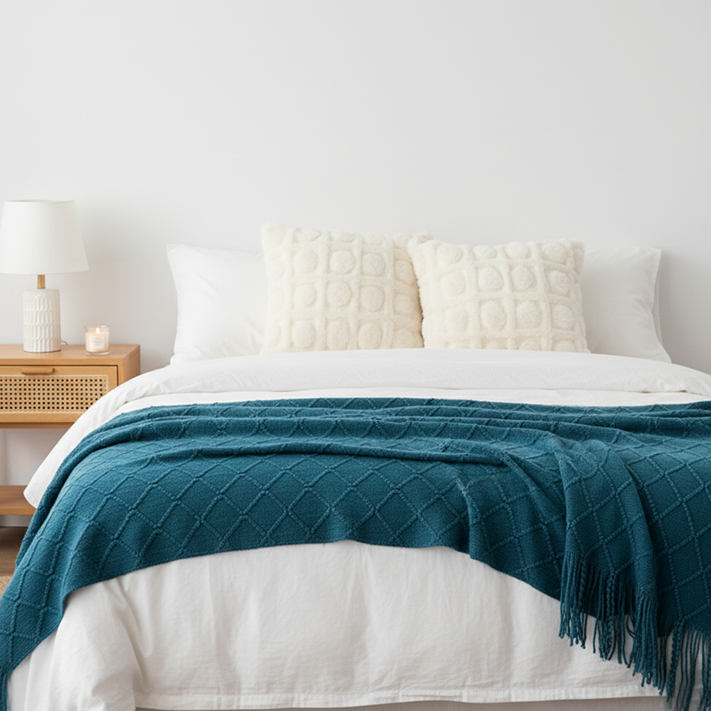 SOGA 3PC Cozy Set – Royal Blue Diamond Knit Throw Blanket with Cream Pom-Pom Grid Pillow Covers