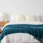 SOGA 3PC Cozy Set – Royal Blue Diamond Knit Throw Blanket with Cream Pom-Pom Grid Pillow Covers