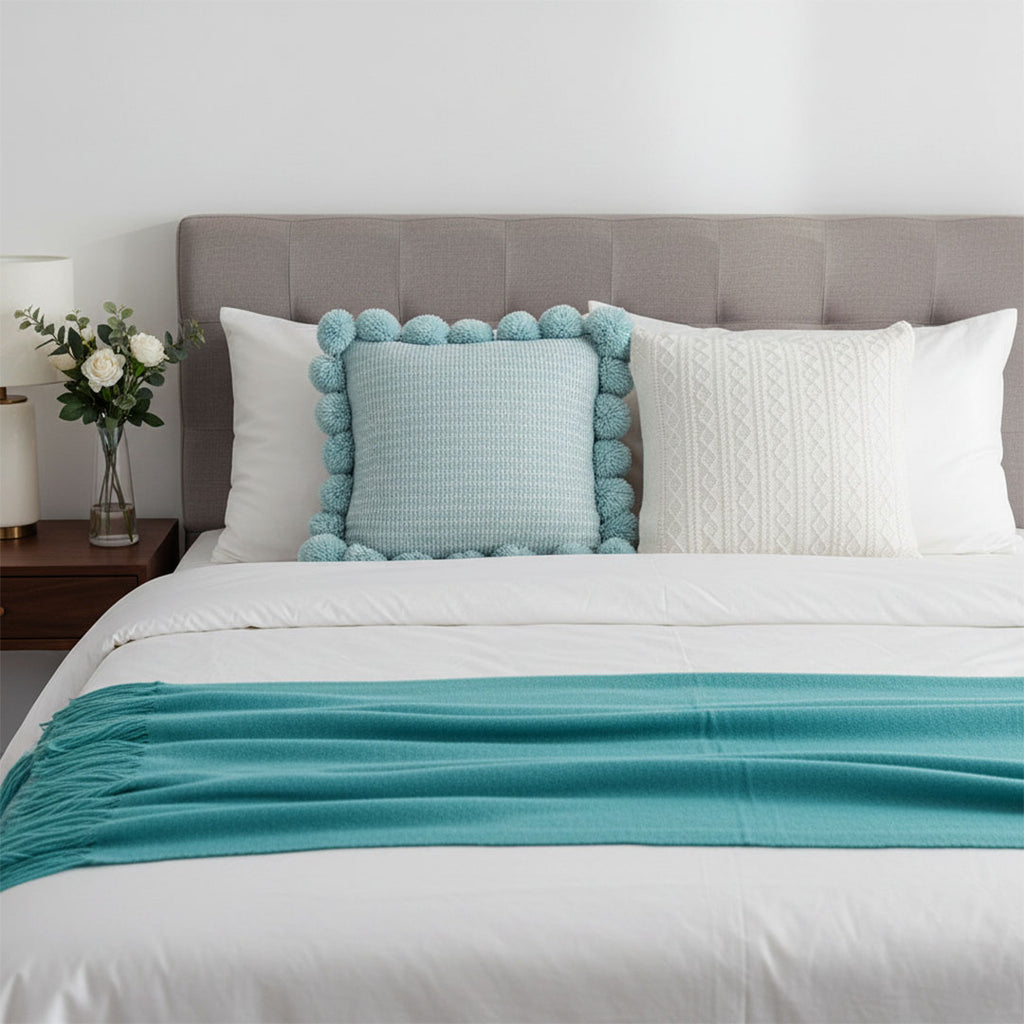 SOGA 3PC Cozy Knit Set – Teal Throw Blanket with Decorative Knitted Pillow Covers (Blue Ribbed & Cable Knit Design)