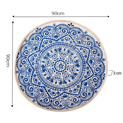 SOGA 2X Blue Carpet Soft Linen Bohemian Non-Slip Floor Retro Minimalist Round Rug Home Decor with Tassels