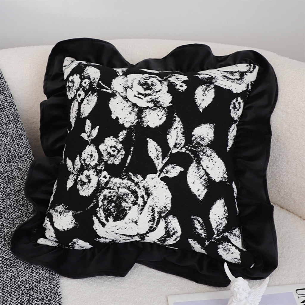 SOGA 45cm Black Floral Throw Pillowcase with Ruffle Edges