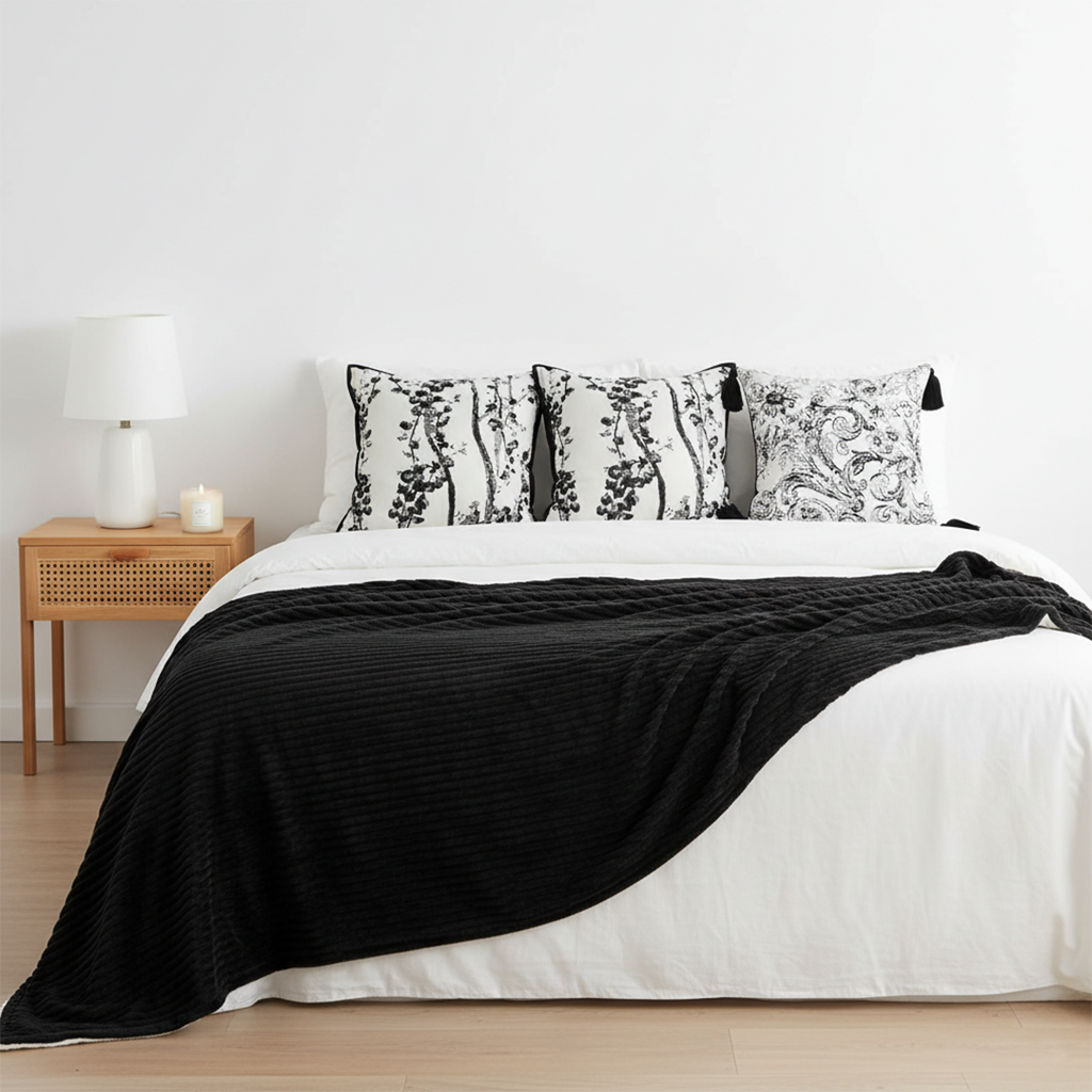 SOGA 4PC Set – Flannel Throw Blanket + Abstract & Botanical Black White Pillowcases – Cozy Modern Decor
