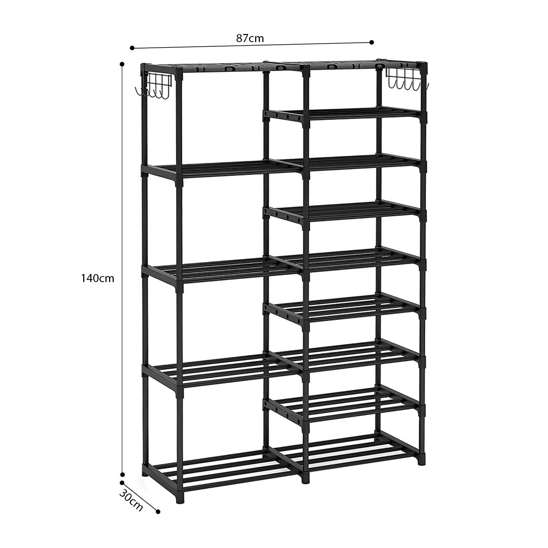 SOGA 16-Shelf Tier Shoe Storage Shelf Space-Saving Caddy Rack Organiser with Side Hooks Black