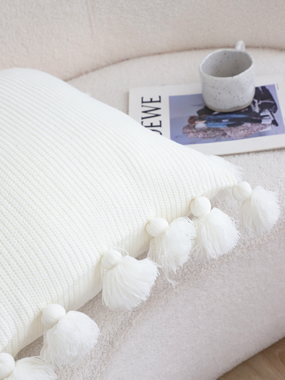 SOGA 45cm Textured Pillowcase with Pom-Pom Trim (Pure White)