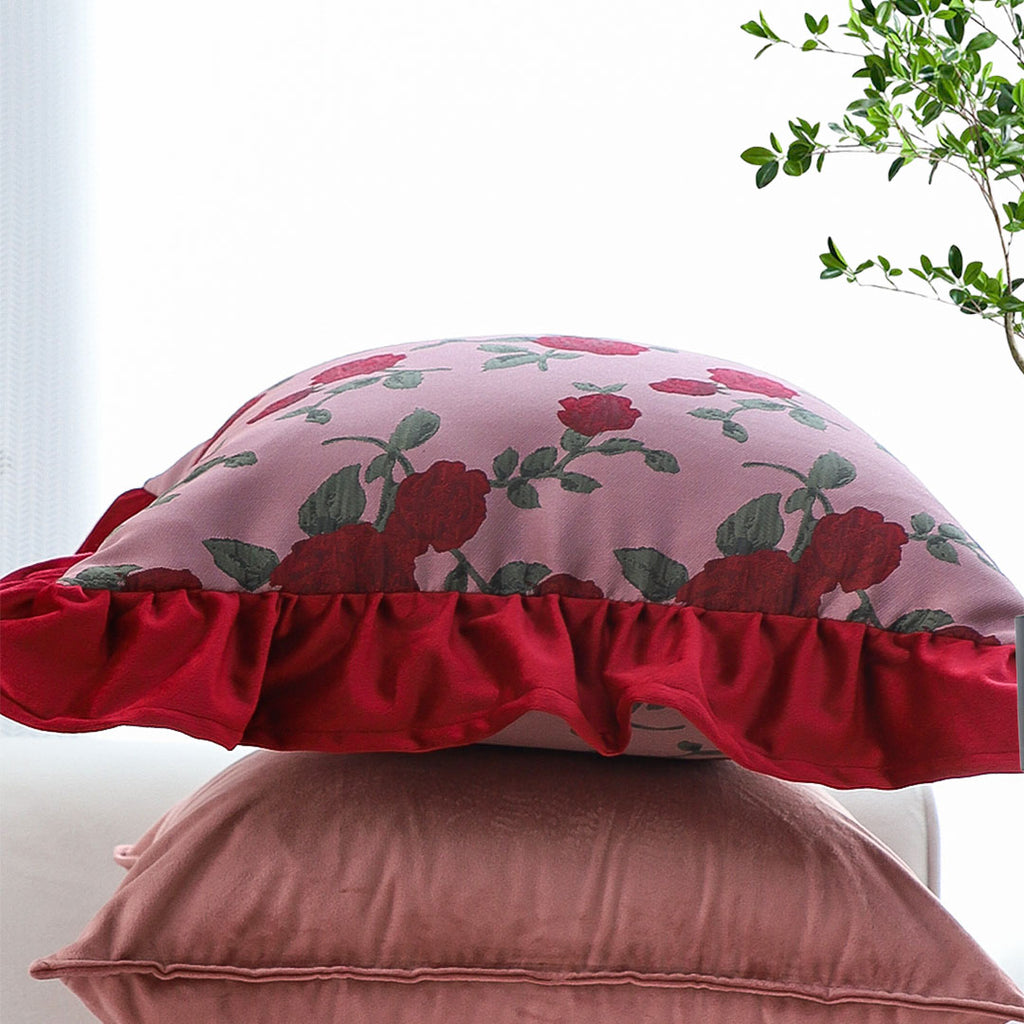 SOGA 2X 45cm Rose Garden Pillow Covers with Burgundy Ruffle – Floral Decorative Cushion Cases for Sofa, Bed & Home Décor