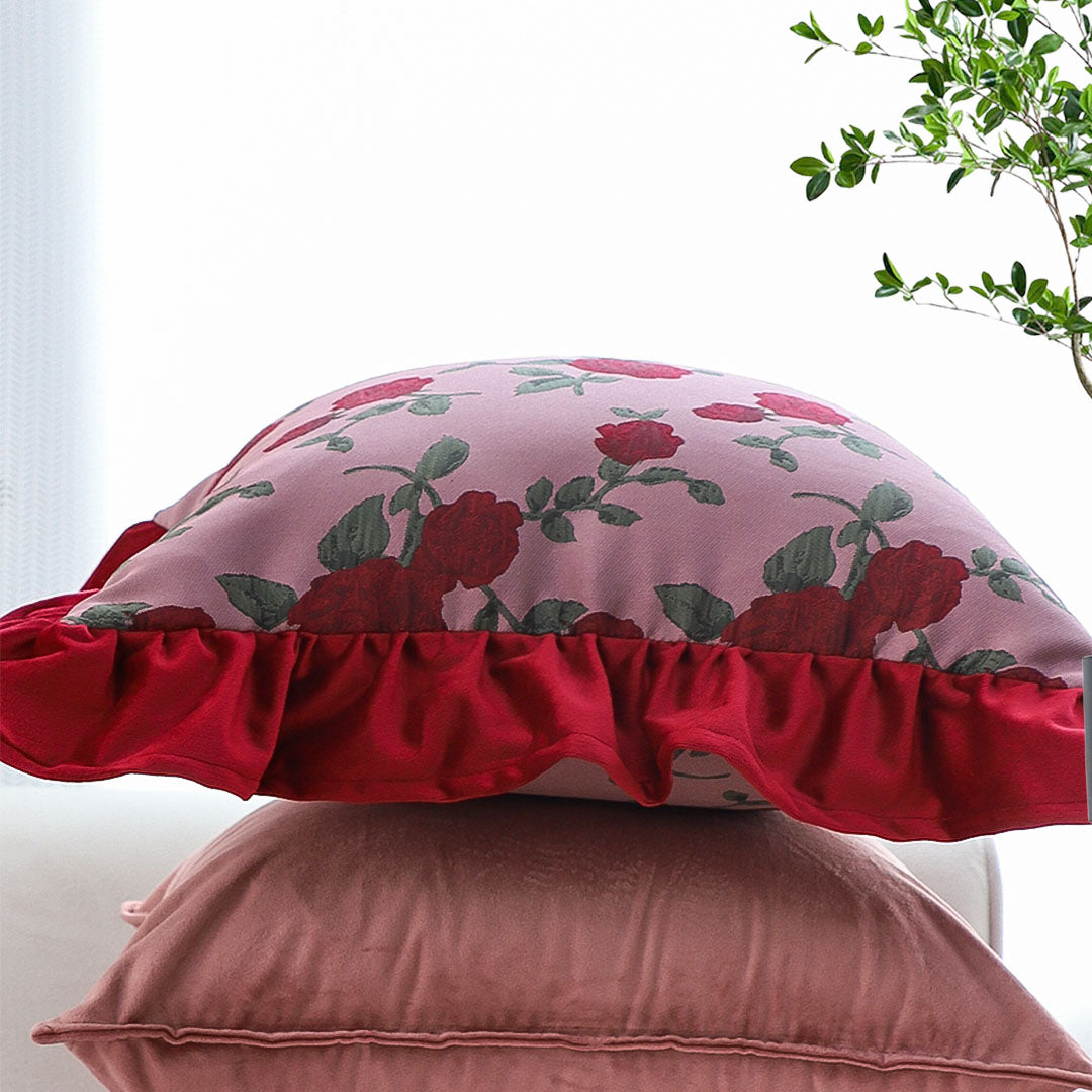 SOGA 2X 45cm Rose Garden Pillow Covers with Burgundy Ruffle – Floral Decorative Cushion Cases for Sofa, Bed & Home Décor