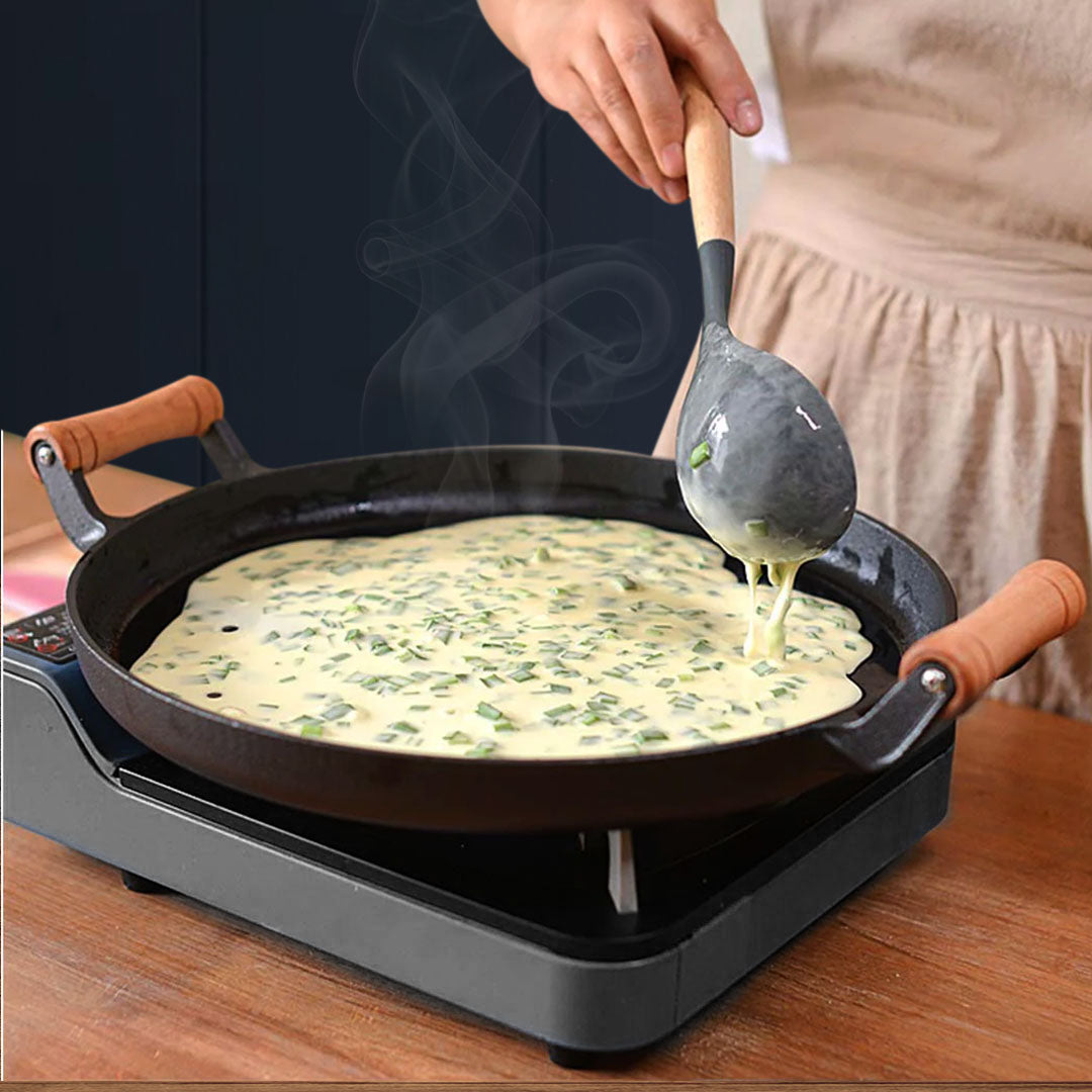 SOGA 31cm Cast Iron Frying Pan Skillet Steak Sizzle Fry Platter With Wooden Handle No Lid