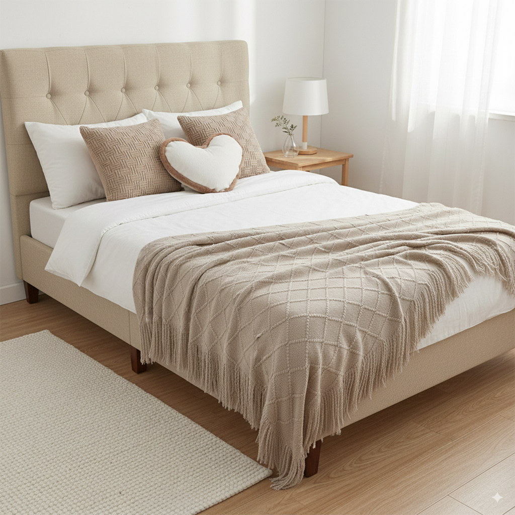 SOGA 4PC Set – Coffee Diamond Knitted Throw with Tassels + Taupe Grid Pillowcases & Heart Plush Pillow – Cozy Neutral Decor