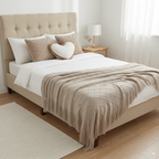 SOGA 4PC Set – Coffee Diamond Knitted Throw with Tassels + Taupe Grid Pillowcases & Heart Plush Pillow – Cozy Neutral Decor
