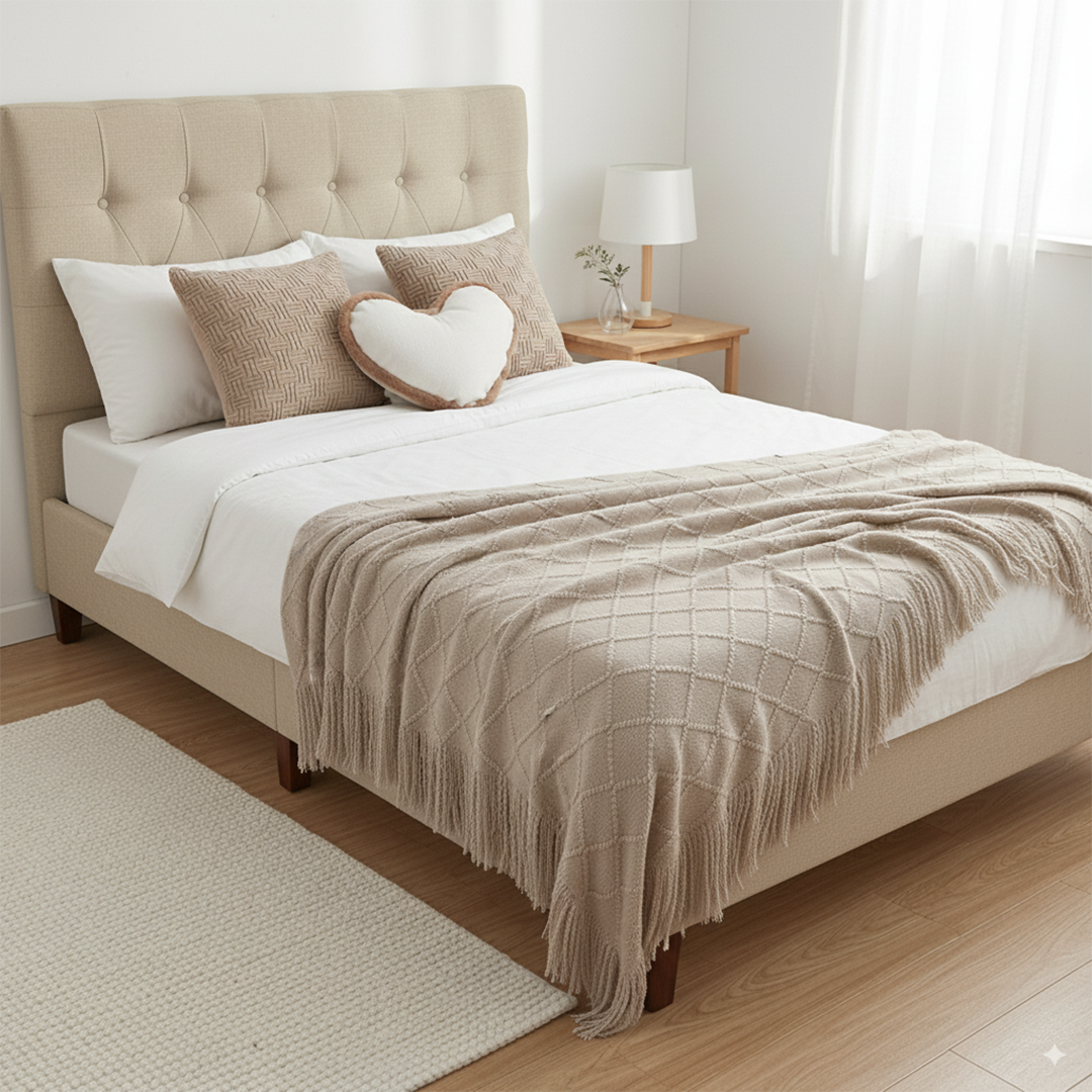 SOGA 4PC Set – Coffee Diamond Knitted Throw with Tassels + Taupe Grid Pillowcases & Heart Plush Pillow – Cozy Neutral Decor