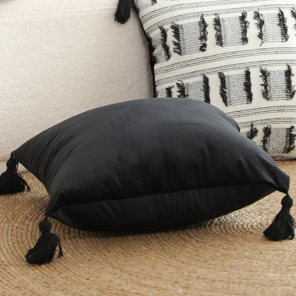 SOGA 45cm Black Velvet Butterfly Tassel Pillowcase – Vintage Accent