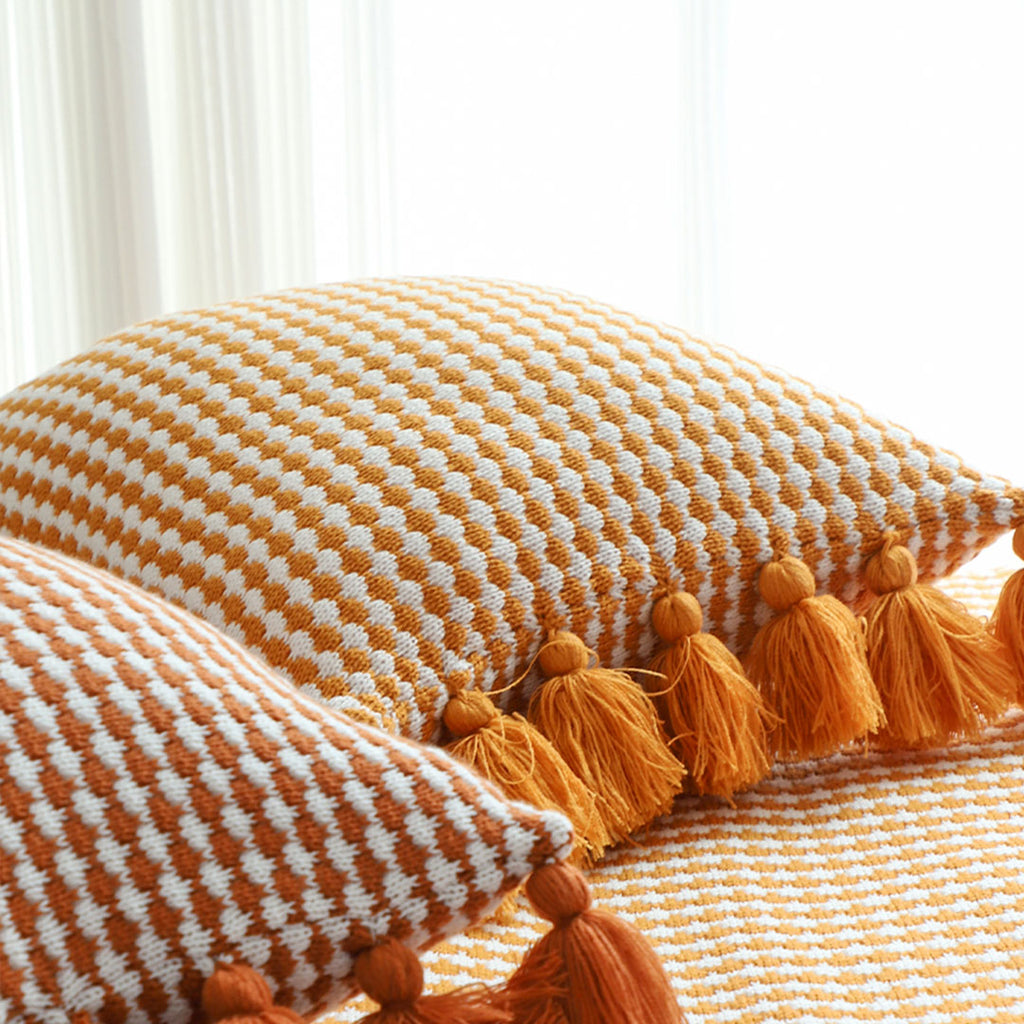 SOGA 2X 45cm Orange Houndstooth Pillow Cover with Tassels