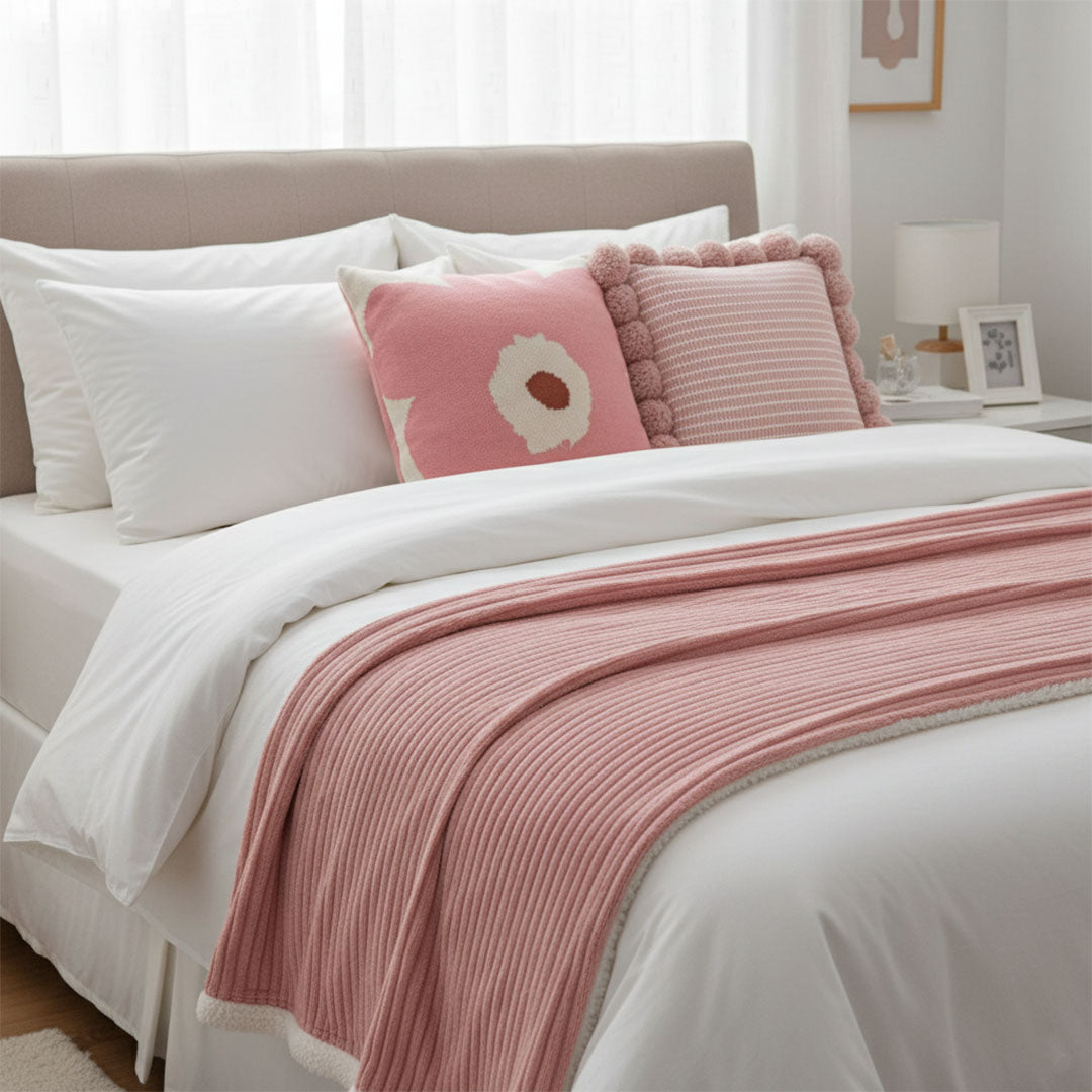 SOGA 3PC Cozy Pink Set – Flannel Throw Blanket with Pillow Covers (Ribbed Pom-Poms & Blush Bloom Design)