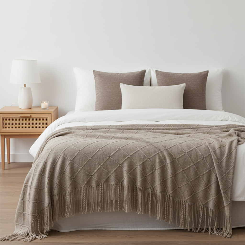 SOGA 4PC Set – Coffee Diamond Knitted Throw with Tassels + Brown Pillowcases & White Lumbar Pillow – Cozy Stylish Decor